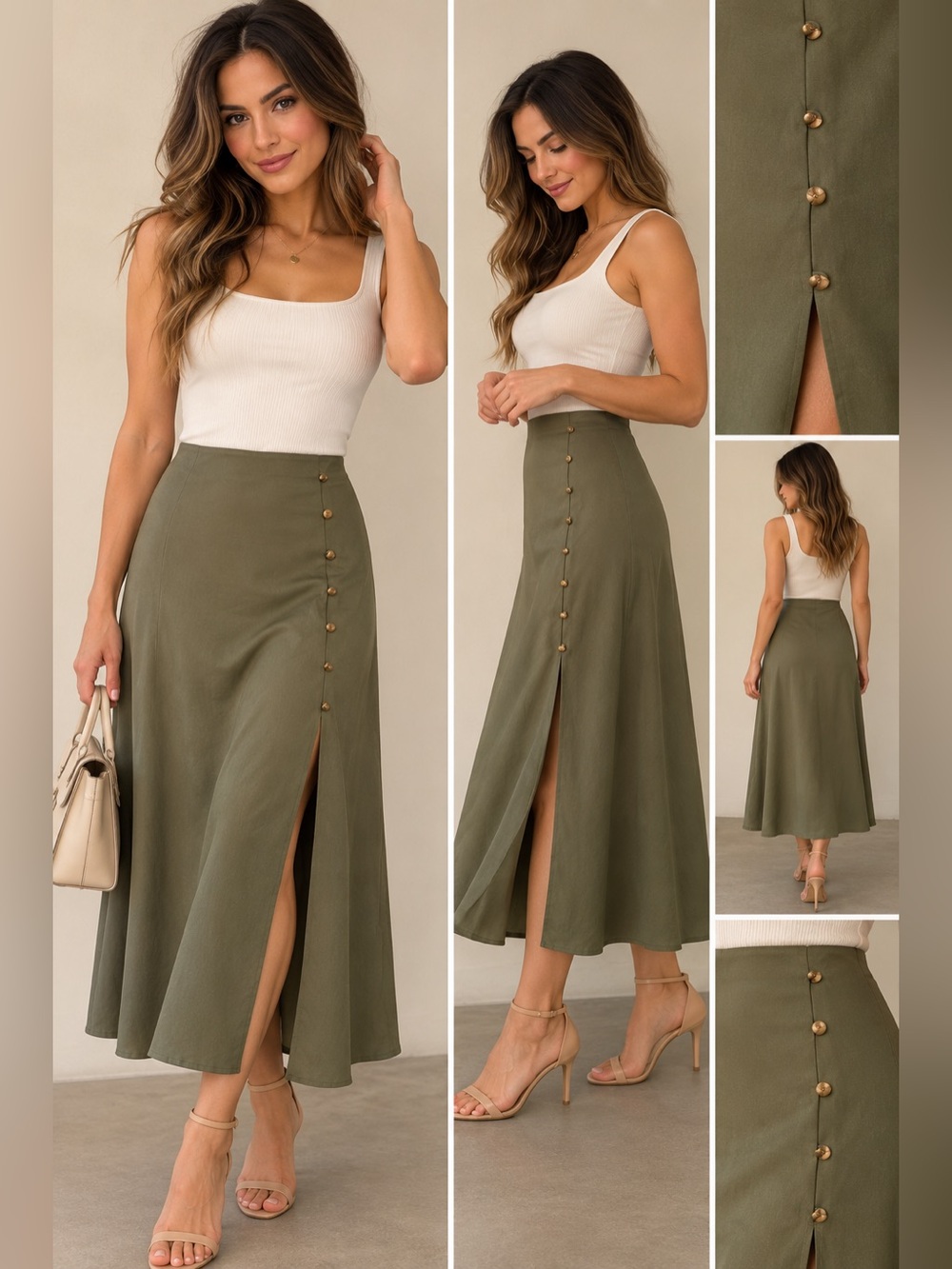 INC Olive Green Gold Button A-Line Midi Skirt Size Small